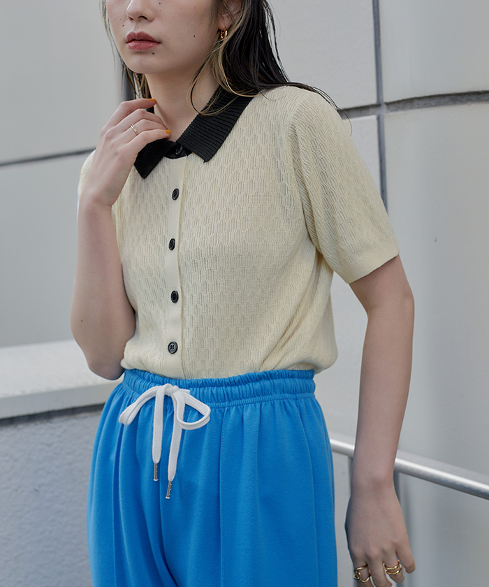 Sono 襟付き トップス 半袖 セール】襟付きボーダー半袖マリンニットトップス（ニット