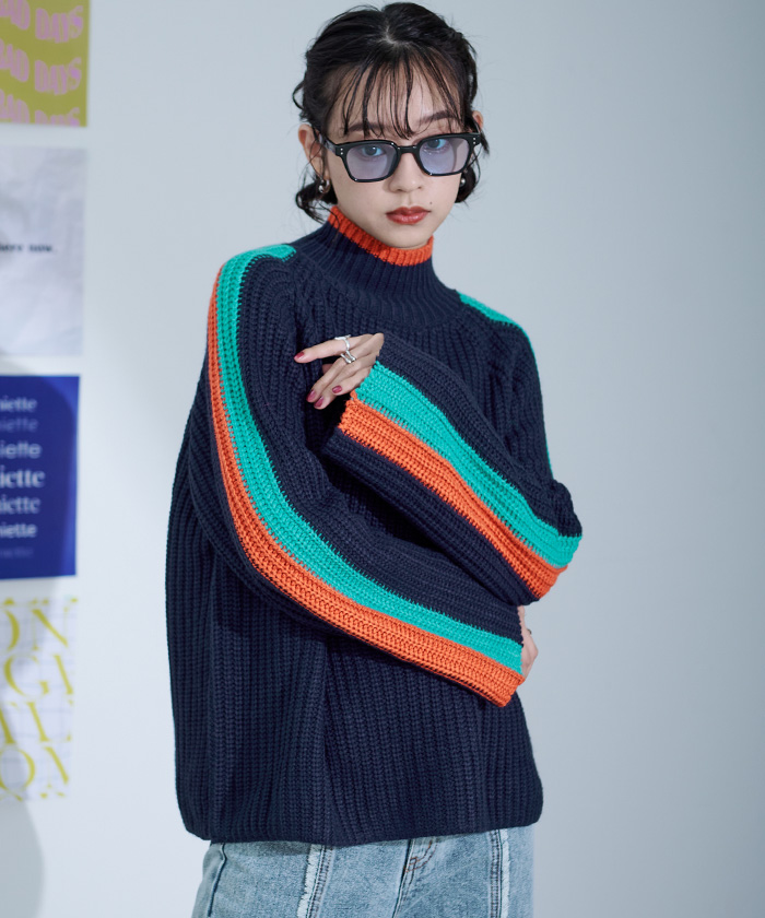 配色ラインハイネックニット | miette