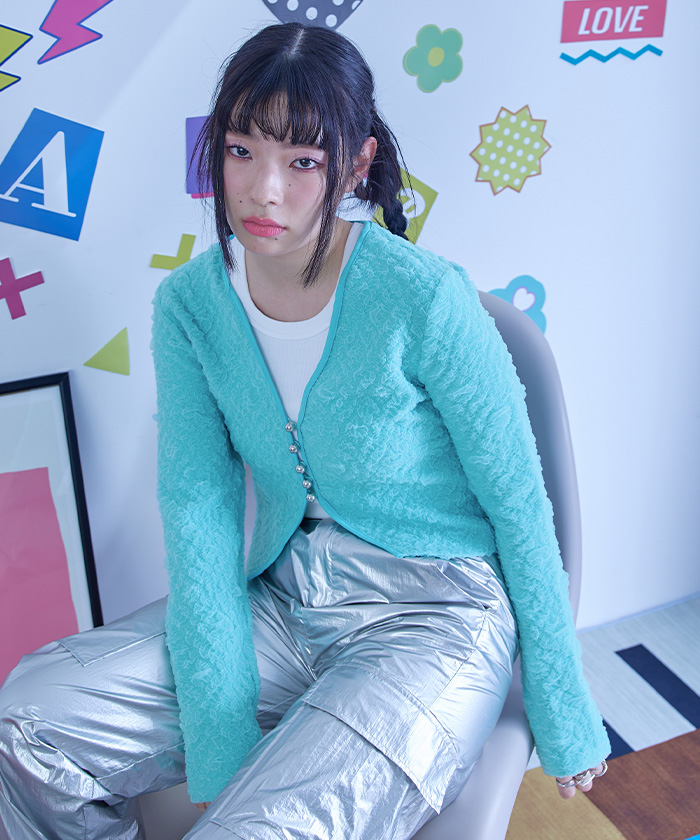 LEONARD アセテート カーディガン フック 肩パッド シルバーボタンジャガードカーディガン | miette