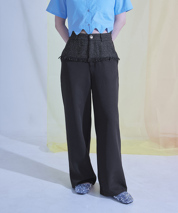 【極上品】スーパーワイド ツイード パンツ BLACK ツイード切替ワイドパンツ | miette
