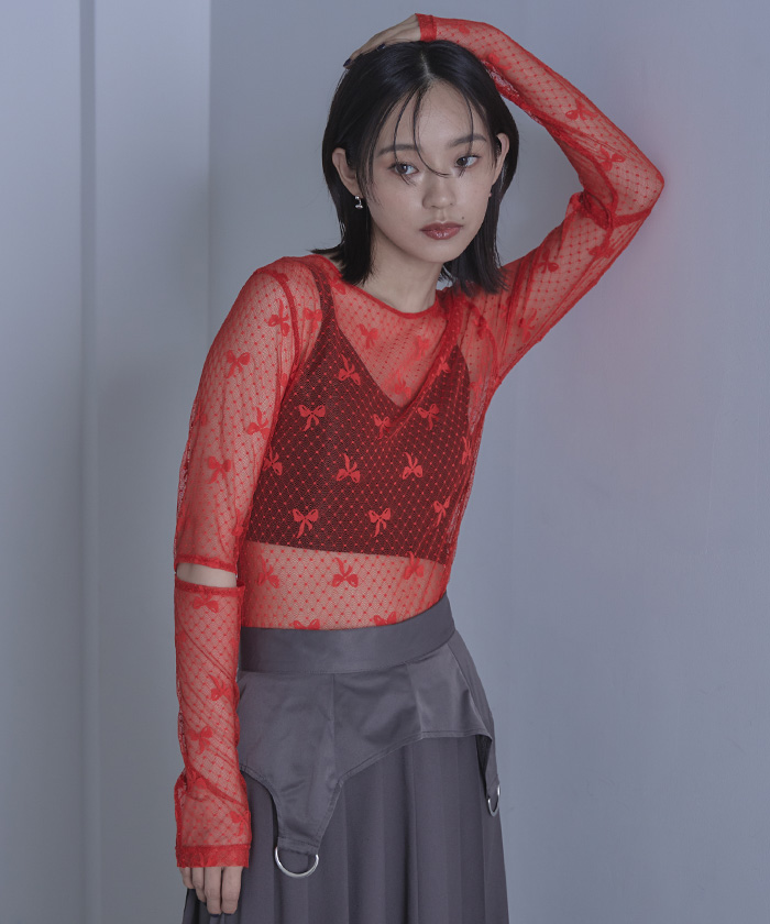 リボンチュールスリットスリーブトップス〔メール便可／40〕 | miette