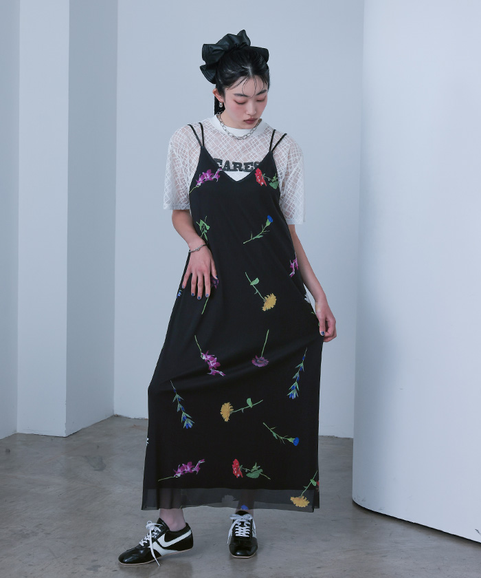◆関税送料込◆チュール ミディワンピース ストラップレス ストラップレス チュールプリント柄ワンピース - TYE-イエロー